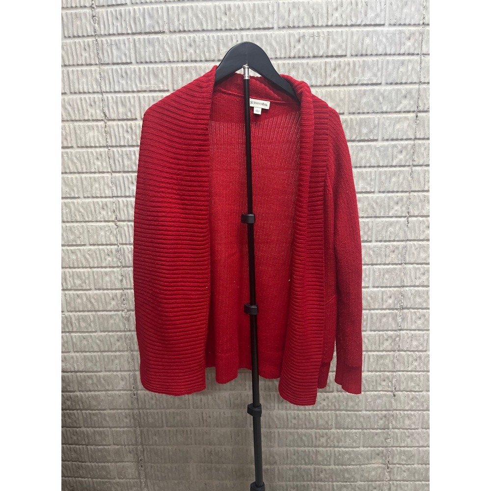 St Johns Bay Womens Red Open Front Cardigan Ribbed Knit Sweater Size L‎